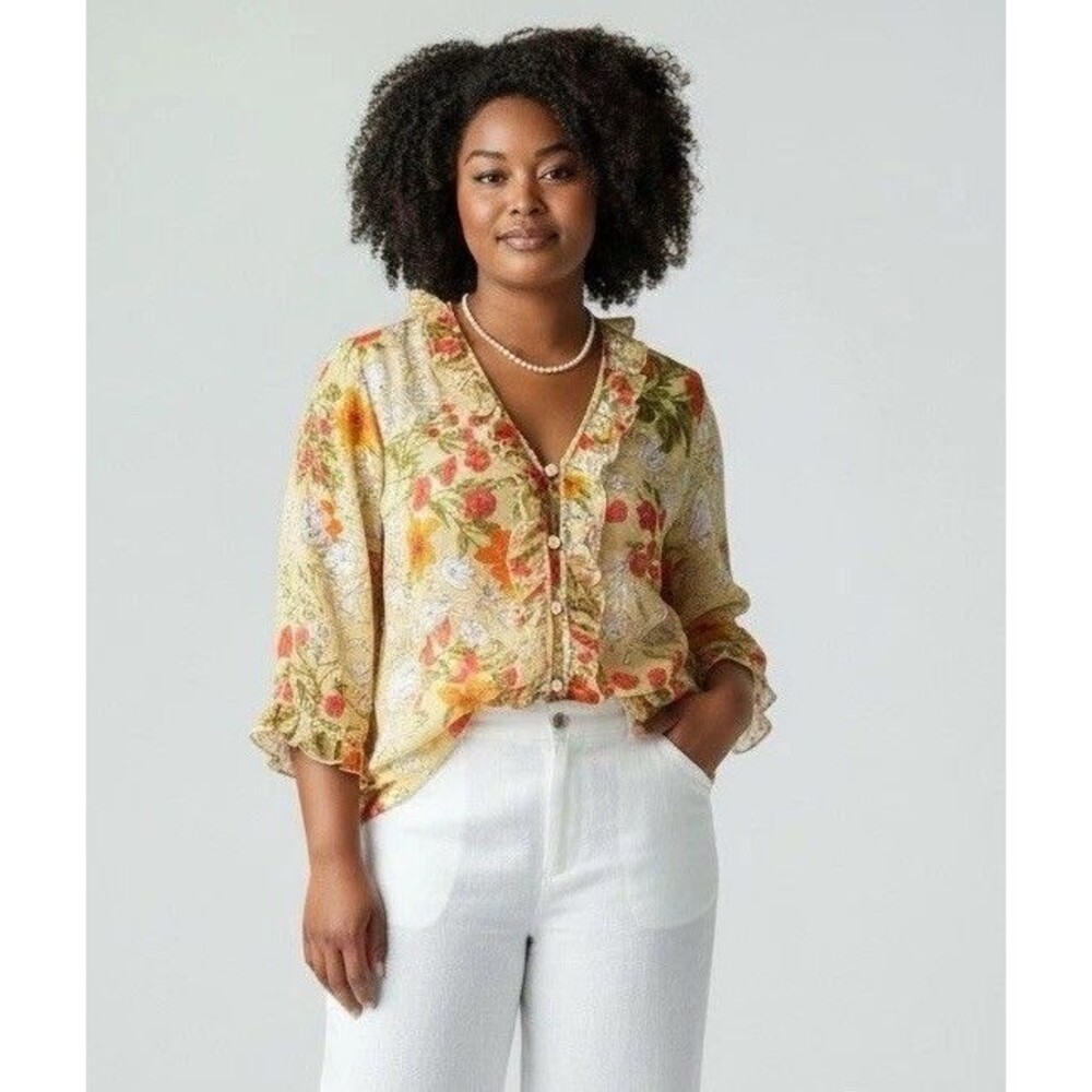 Vintage Romantic Coastal Floral Ruffle Tunic Blouse 2X Sheer Boho Resort Top